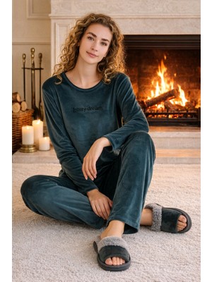 Remsa Kadın Kadife Kumaş Pijama Takımı 13166-2888 PETROL01