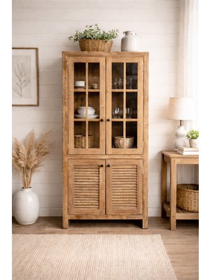 Country Vitrin – Masif Ahşap | 180×40×90 cm I Açık ceviz rengi I çok amaçlı dolap.