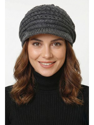 Nacar Çarşı Kadın Antrasit Siperlikli Triko Bere - Trend Kışlık Örgü Kasket Şapka