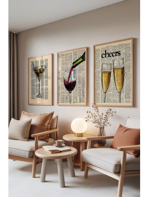 Zestia Ahşap Çerçeveli 3’lü Tablo Seti, Vintage Mixology – Retro Bar Çizimleri, Mutfak Set No: 30126