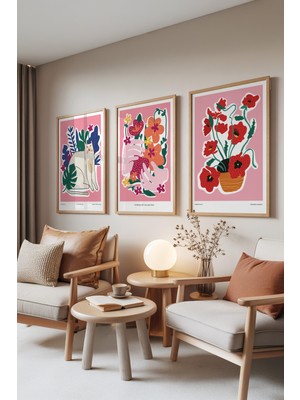 Zestia Ahşap Çerçeveli 3’lü Tablo Seti, Pembe Modern Çiçek & Illüstrasyon – Salon Set No: 30143