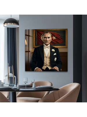 Myphotostation Atatürk ve Türk Bayrağı Dekoratif Temperli Cam Tablo, Modern Uv Baskılı Duvar Tablosu, Salon ve Ofis Için Şık Duvar Dekoru