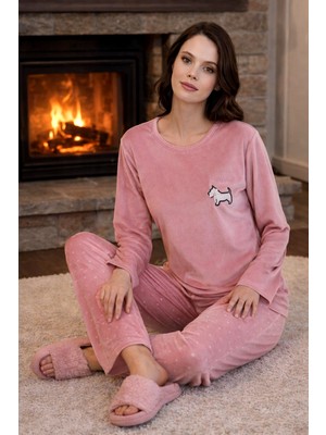 Remsa Kadın Desenli Kadife Kumaş Pijama Takımı 13313-2074 Pudra