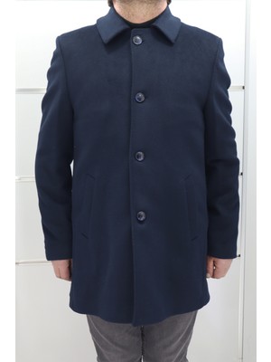 Marco Muratti Fistan Store Erkek Lacivert Klasik Kesim Rahat Kalıp Polo Yaka Düğme Kapamalı Büyük Beden Kışlık Kaşmir Kaban