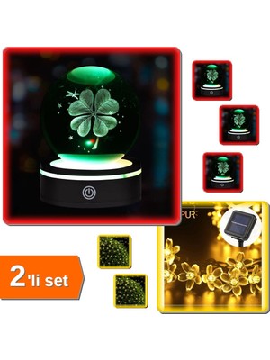 Hereveoyuncak USB Li Yonca Tasarımlı Dönen Cam Küre + Solar Çiçekli Dekoratif 30 LED Bahçe Lambası - 2li Set F9D8X8