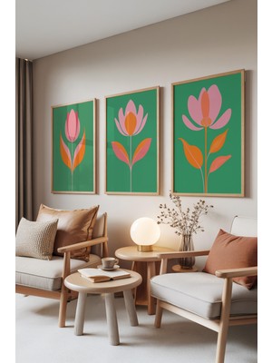 Zestia Ahşap Çerçeveli 3’lü Tablo Seti, Çiçek Illüstrasyonu – Yeşil Pembe, Salon Set No: 30118