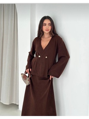 Azimut Giyim Kadın Kahverengi Yumuşak Dokulu Alt Üst Ikili Takım- Hırka-Etek