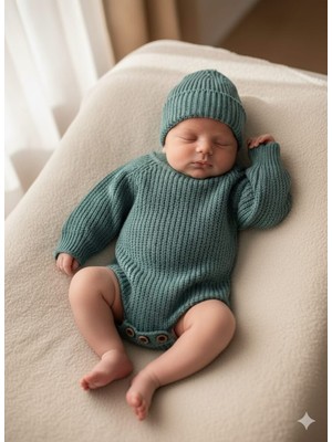 Meriç Bebe Unisex Dikişsiz Triko Badi & Şapka Seti - Alttan Düğmeli Reglan Kol Pamuksu Akrilik (3-12 Ay)