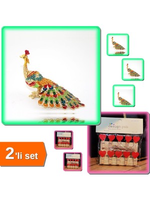 Hereveoyuncak Swarovski Taşlı Tavuskuşu Figürü Model 1 + 10 Adet Kalpli Dekoratif Mandal - 2li Set H4L9E3