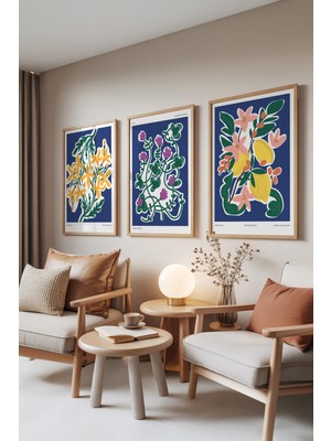 Zestia Ahşap Çerçeveli 3’lü Tablo Seti, Modern Botanical Illüstrasyon – Salon Set No: 30139