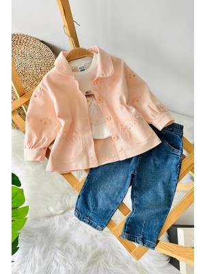 Miniğimin Cicileri Prenses Baskılı Lazer Kesim Ceketli 3 Lü  Kız Bebek Takım - Somon