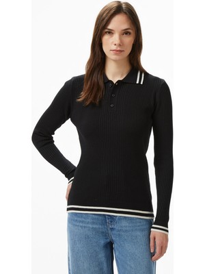 Nautica Kadın Siyah Classic Fit Uzun Kollu Polo Yaka T-Shirt