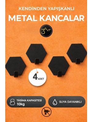 3art Metal Dekorasyon 4'lü Kendinden Yapışkanlı Askılık - Güçlü Yapışkanlı Duvar Askısı - Modern Siyah Askı