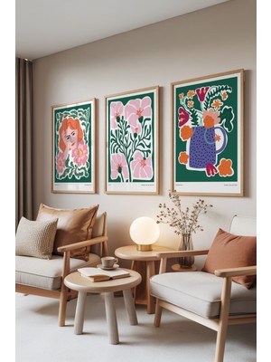 Zestia Ahşap Çerçeveli 3’lü Tablo Seti, Canlı Botanik & Portre – Salon Set No: 30140