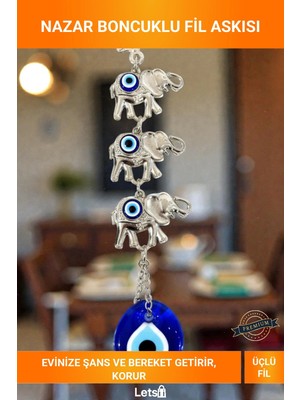 Letsii Nazar Boncuklu 3'lü Fil Figürlü Dekoratif Duvar/kapı Askısı