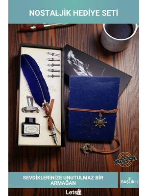 Letsii Pusula Baskılı Deri Defter ve Divit Tüylü Kalem Hediye Seti