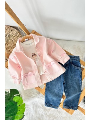 Miniğimin Cicileri Prenses Baskılı Lazer Kesim Ceketli 3 Lü  Kız Bebek Takım - Pembe