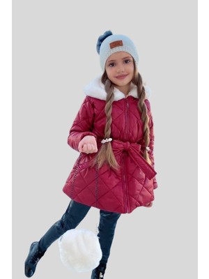 Turuncu Gardrop Çanta ve Bere Dahil Peluş Detay Kız Çocuk Mont