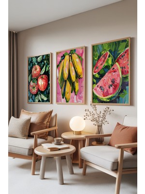 Zestia Ahşap Çerçeveli 3’lü Tablo Seti, Modern Meyve Illüstrasyon – Mutfak Set No: 30136