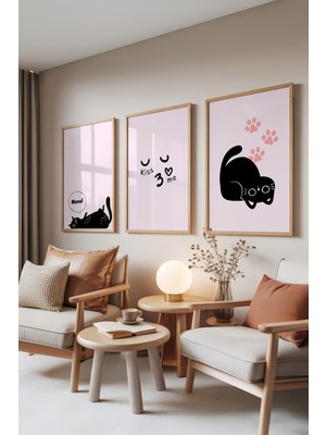 Zestia Ahşap Çerçeveli 3’lü Tablo Seti, Sevimli Kedi Çizimi – Pembe Tonlar, Genç Odası Set No: 30117