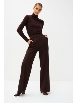 Mg Giyim Dokuma Kumaş Yüksek Bel Bol Paça Palazzo Pantolon Kahverengi Ofis Günlük Şık