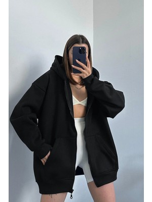 Yakamel Kadın Oversıze Kapüşonlu Kanguru Cep Hırka