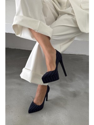 Ayakkabı Prensi Coax Lacivert Çizgi Desenli 13 cm Kadın Klasik Platform Topuklu Ayakkabı