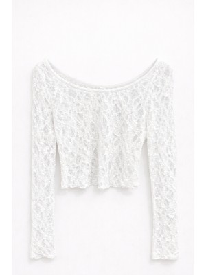 Mixray 2036 Kadın Uzun Kollu Dantelli Transparan Bluz Beyaz