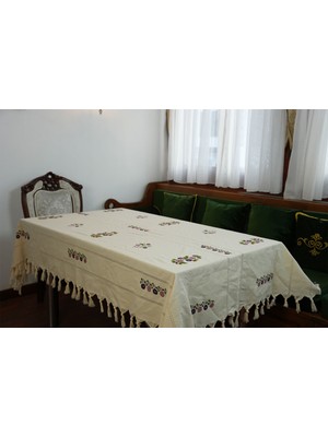 El Boyama Çiçek Desenli %100 Pamuk Masa Örtüsü – Tokat Taş Baskı Motifli Dikdörtgen Sofra Örtüsü