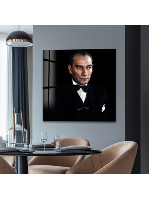Myphotostation Takım Elbiseli Atatürk Dekoratif Temperli Cam Tablo, Modern Uv Baskılı Duvar Tablosu, Salon ve Ofis Için Şık Duvar Dekoru