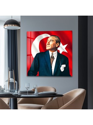 Myphotostation Türk Bayrağı ile Atatürk Dekoratif Temperli Cam Tablo, Modern Uv Baskılı Duvar Tablosu, Salon ve Ofis Için Şık Duvar Dekoru