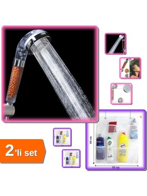 Hereveoyuncak Askılı 8 Cepli Düzenleyici Organizer + Su Arıtmalı Kokulu Tasarruflu Duş Başlığı - 2li Set SET8DB