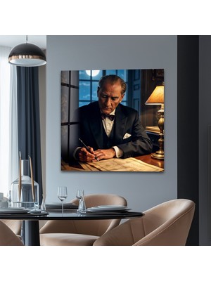 Myphotostation Atatürk Ofiste Dekoratif Temperli Cam Tablo, Modern Uv Baskılı Duvar Tablosu, Salon ve Ofis Için Şık Duvar Dekoru