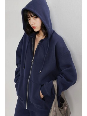 Hiccup Kadın Busem Oversize Kapüşonlu Fermuarlı Ceket Lacivert