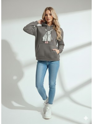 Ribana Classic Kadın Üç Iplik Baskılı Kapüşonlu Içi Pamuklu Yumuşak Dokulu Regular Kesim Sweatshirt