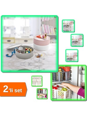 Hereveoyuncak Beyaz 3 Gözlü Saklama Kabı Dikiş Takı Kutusu + Gri Buzdolabı Düzenleyici Sepet - 2li Set S0V2G4