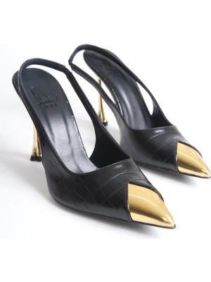 Ayakkabı Prensi Nixi Altin Detayli Siyah Kroko 10 cm Kadın Stiletto, Topuklu Ayakkabı