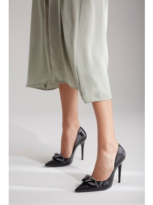 Ayakkabı Prensi Julio Gümüş Aksesuarlı Siyah Rugan 10 cm Kadın Stiletto, Topuklu Ayakkabı