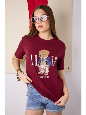Moda Days Kadın Ayı Nakışlı Bisiklet Yaka Kısa Kollu Pamuklu Tişört
