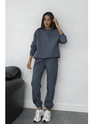 Yakamel Kadın 3iplik Şardonlu Oversıze Bisiklet Yaka Eşofman Takımı