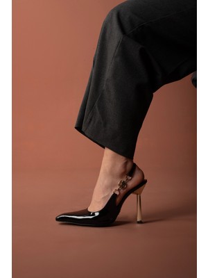 Ayakkabı Prensi Stella Aksesuar Detaylı Siyah Rugan Siyah 10 cm Kadın Stiletto, Topuklu Ayakkabı
