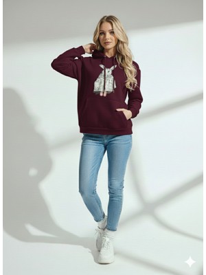 Ribana Classic Kadın Üç Iplik Baskılı Kapüşonlu Içi Pamuklu Yumuşak Dokulu Regular Kesim Sweatshirt
