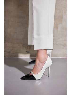 Ayakkabı Prensi Rita Toka Detaylı Siyah Beyaz 10 cm Kadın Stiletto, Topuklu Ayakkabı