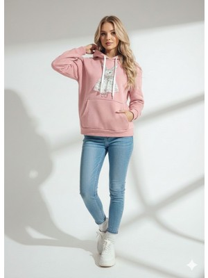 Ribana Classic Kadın Üç Iplik Baskılı Kapüşonlu Içi Pamuklu Yumuşak Dokulu Regular Kesim Sweatshirt