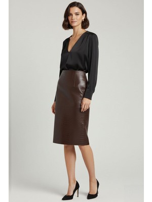 Deriderim Kahverengi Elara Kroko Desenli Hakiki Deri Kalem Etek