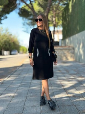 Tua Moda Kadın Viskon Pamuklu Kumaş Kol File , Şerit ve Cep Detaylı Elbise