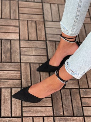 Ayakkabı Prensi Signy Bilekten Bağcıklı Taş Detaylı Siyah Süet Siyah Suet 10 cm Kadın Stiletto, Topuklu Ayakkabı