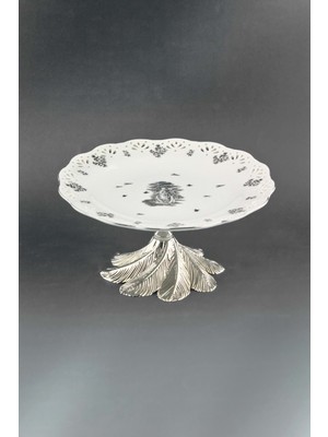 Bursa Porselen Dekor Royal Siyah Gümüş Metal Ayaklı Servis Tabağı