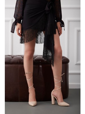 Ayakkabı Prensi L Bilekten Bağcıklı Ayakkabı Ten Mat Kadın Klasik Topuklu