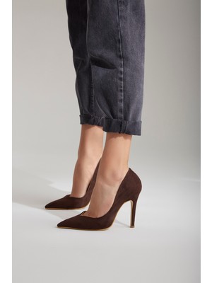 Ayakkabı Prensi Sensual Kahverengi Suet 10 cm Kadın Stiletto, Topuklu Ayakkabı Suet